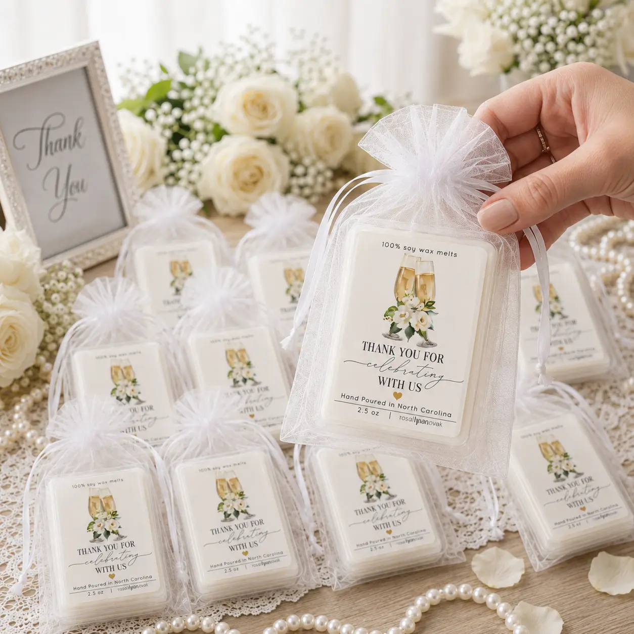 Personalized Wax Melt Wedding Favors, Bridal Shower Favor Gifts, 100% Soy Wax Melts, Custom Names, Thank You for Celebrating With Us