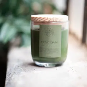 Money Draw Candle with Pyrite, Aventurine, and Citrine for Prosperity and Abundance - Crystals, Decor mahogany apple  candle