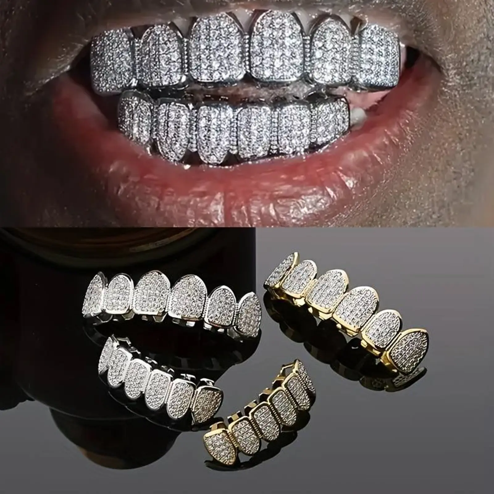 Cross-border popular hip-hop braces copper zircon micro inlaid real gold electroplating non-fading tooth ornaments exaggerated hiphopgrillz, Complete Set Of Golden Zircons (Non-Fading)