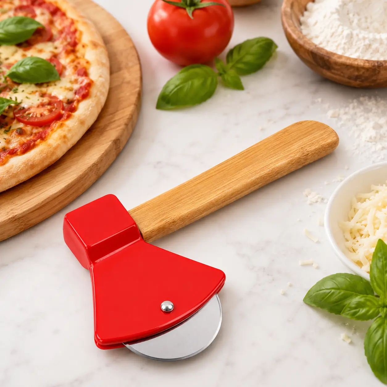 Funny & Cool Axe Pizza Cutter - Unique Men Dad Tool With Steel Сircular Saw, Plastic Cover for Wheel Blade Knife & Bamboo Handle - Cute Kitchen Gadgets Nonstick Stuff Slicer Accessories