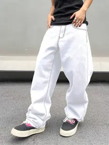 Men's Classic Street-Style Wide-Leg, Loose, Plain White Jeans with Topstitching Details, Featuring three-dimensional tailoring, simple yet distinctive, suitable for all body types for daily wear and casual activities Streetwear Pants Menswear