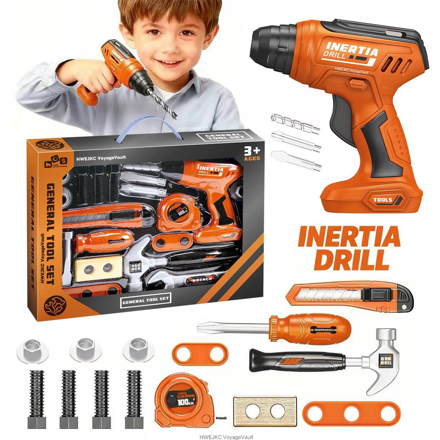 Kids' 19-Piece Construction Tool Box Toy Set - Unisex Plastic Child-Sized Play Tools with Electronic Drill, Build & Repair Play Fine Motor Educational Toy for Boys/Girls Aged 0-7, Holiday Gift