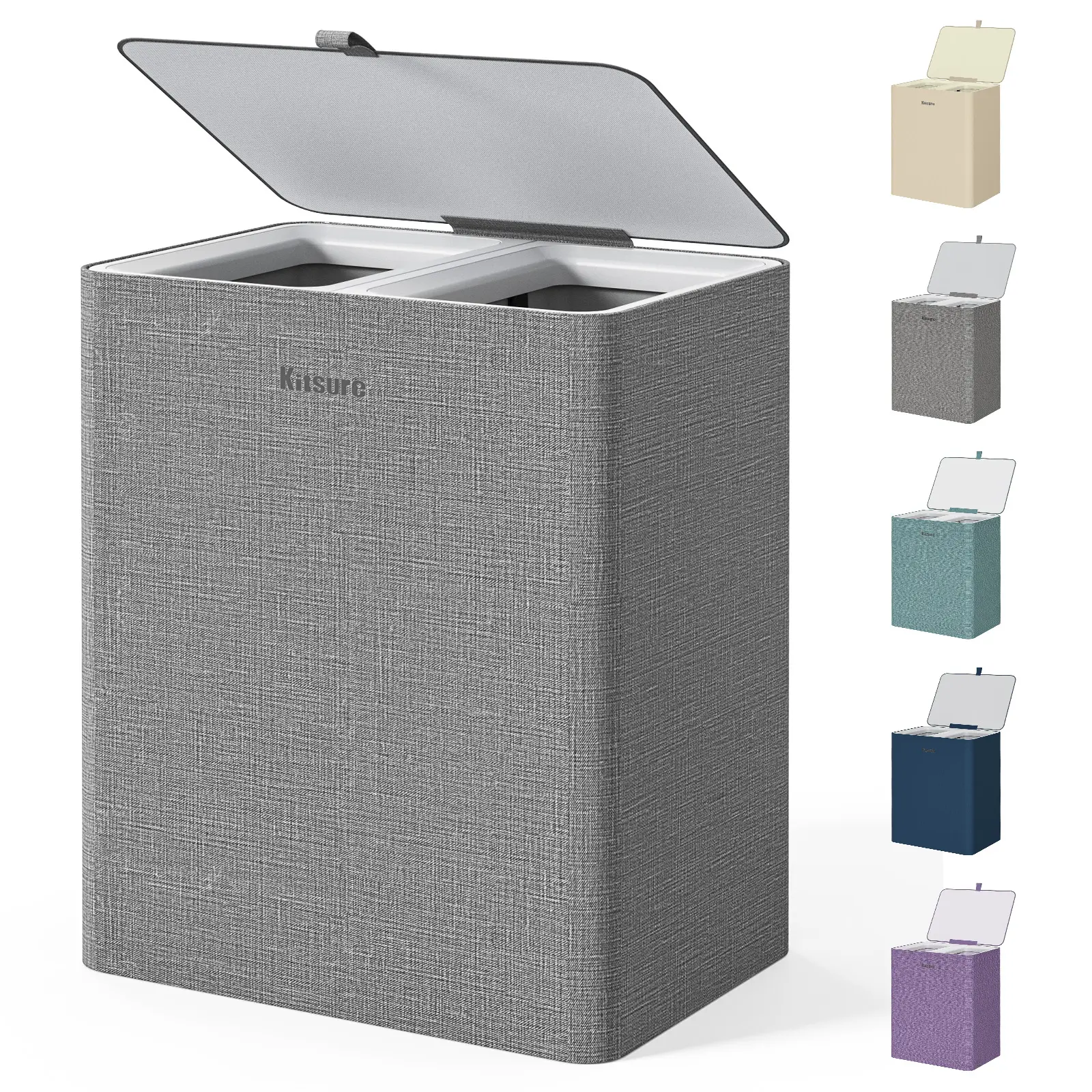 Kitsure Large Laundry Hamper 95L Dark Gray Double Divider Laundry Basket with Lid & Removable Inner Bags Heavy Duty Rolling Clothes Hamper for Bathroom Bedroom