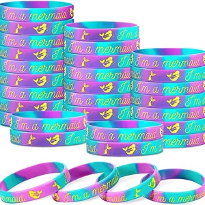 24 Pcs Kids Mermaid Silicone Bracelets, Stackable Bracelet, Marble Rubber Bands, Ocean Theme Party Gifts, Birthday Favors, Classroom Rewards