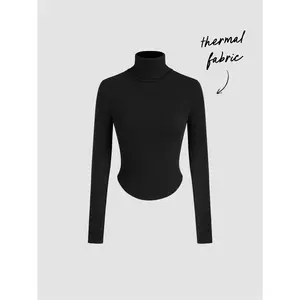 Cider [3 colors, size 2-10] Thermal Cotton-blend High Neck Thumb Hole Solid Long Sleeve Tee