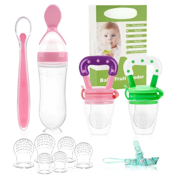 Baby Fruit Feeder Pacifier - 5 Pack | 2 Mesh Infant Food Feeder Pacifier & 1 Baby Food Dispensing Spoon | Fresh Fruit Teethers for Babies |Shower Gifts for Boys and Girls (Pink & Green)