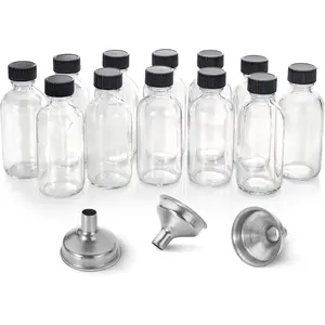 12 Pack, 2 oz Small Clear Glass Bottles w/Lid & 3 Funnels - 60ml Boston Shot Bottles for Health, Immunity, Potion, Wellness, Sample, Ginger, Juice - Mini Personal Care & Beauty Travel Bottle