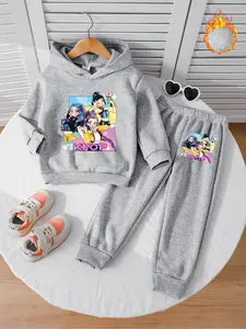 Girls Long Sleeve Witch Hunter Corps Fleece Fitted Hoodie Set, Outfit, K-Pop Style Graphic Print, Comfortable Joggers, Fall & Winter Casual Wear