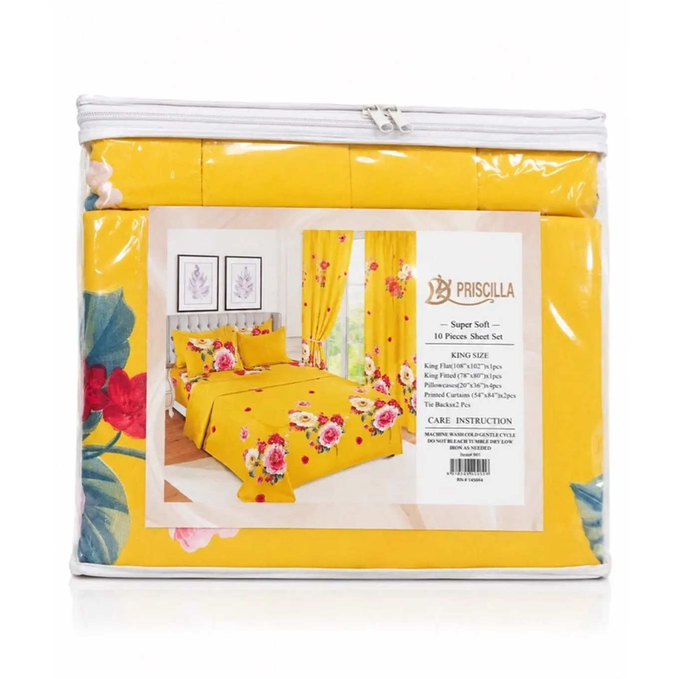 Priscilla Super Soft 10-Piece Sheet Set - King Size, Yellow, Floral Design, 100% Cotton, 100% Soft, 100% Comfortable