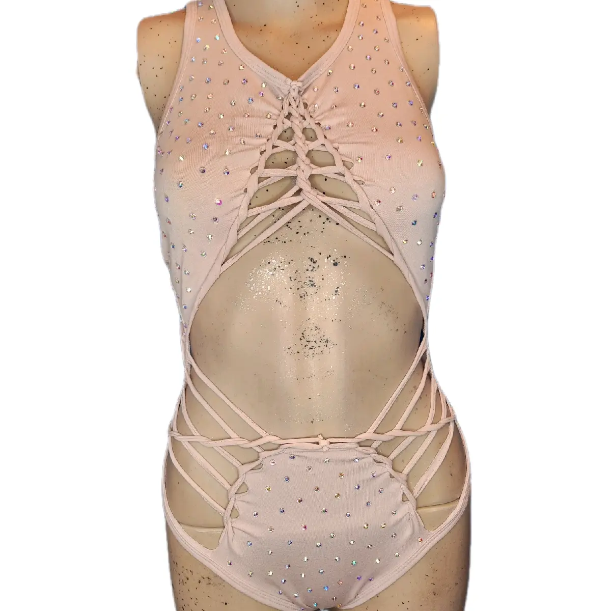 Rhinestoned Nude Bodysuit clubwear performance outfit festival fashion Cotton Spandex Womenswear Light Tops Underwear Lady Women