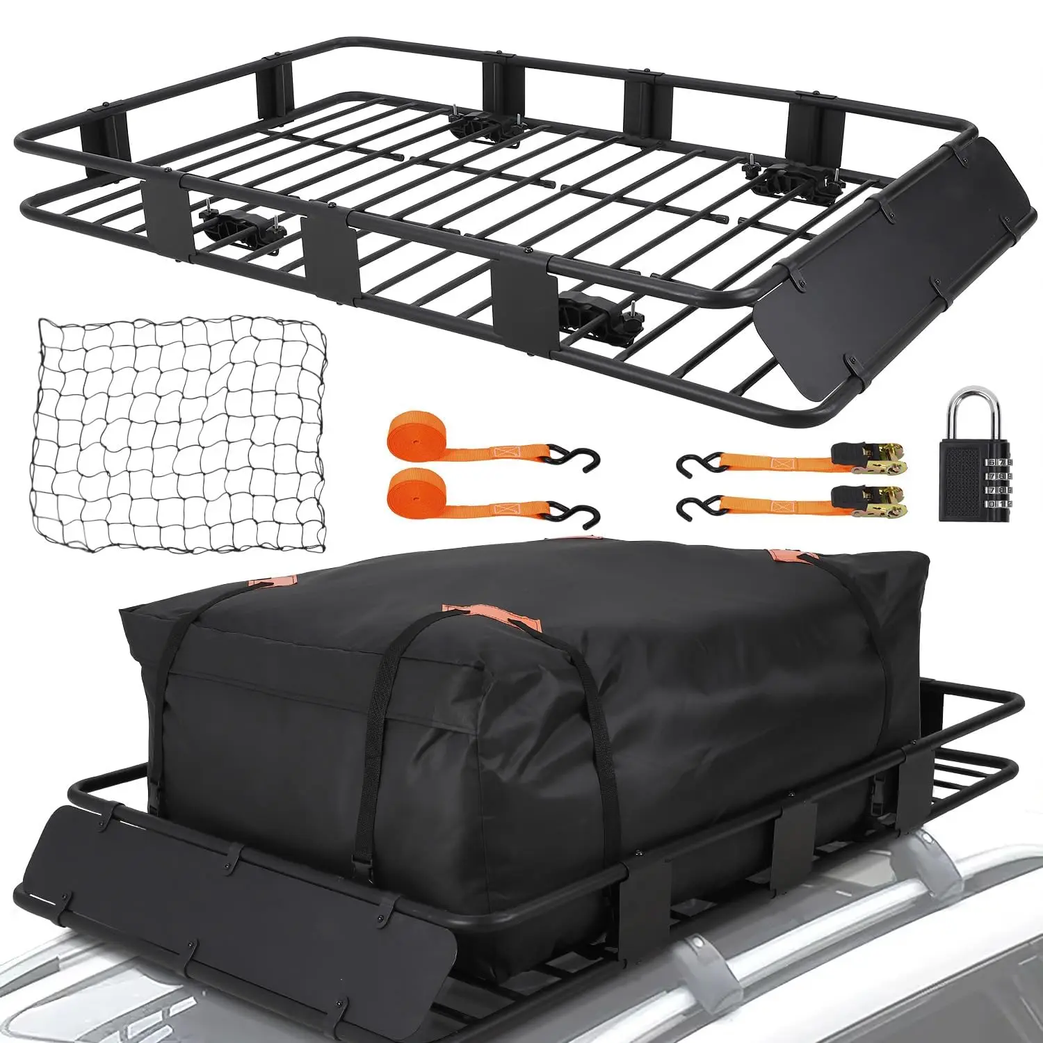 GARVEE Universal Car Accessories Roof Rack Cargo Basket (64x39in) - Rack System for SUVs, Trucks, with Load Bearing Capacity, Luggage Lock, Net, Ratchet Straps, Storage Bag