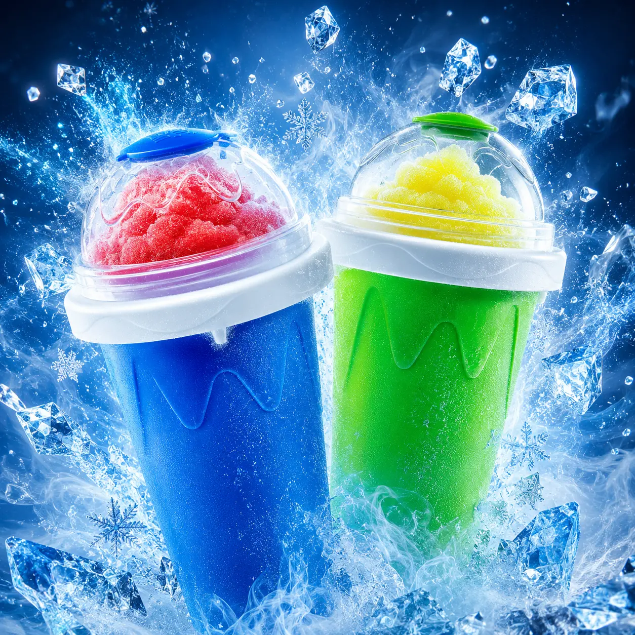 2pcs Blue+Green Reusable Silicone Squeeze Slushie Maker Tumblers - SummerWins Washable Kitchen Utensils with Lid, Straw & Spoon, DIY Quick-Frozen Drink Cups for Homemade Milk Shakes, Kids' Gifts