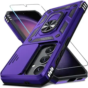 Compatible with Samsung Galaxy S24 FE Case Built in Slide Camera Lens Cover+Screen Protector+Finger Ring Holder Kickstand,Heavy Duty Shockproof Full Body Phone Cover,2024 Purple Protection Smartphone