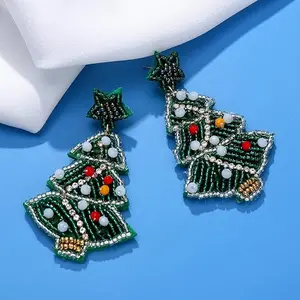 Christmas Beaded Earrings Hypoallergenic to Trees, Snowflakes - Cute Christmas Hanging Earrings, Handmade Holiday Jewelry Gifts for Women