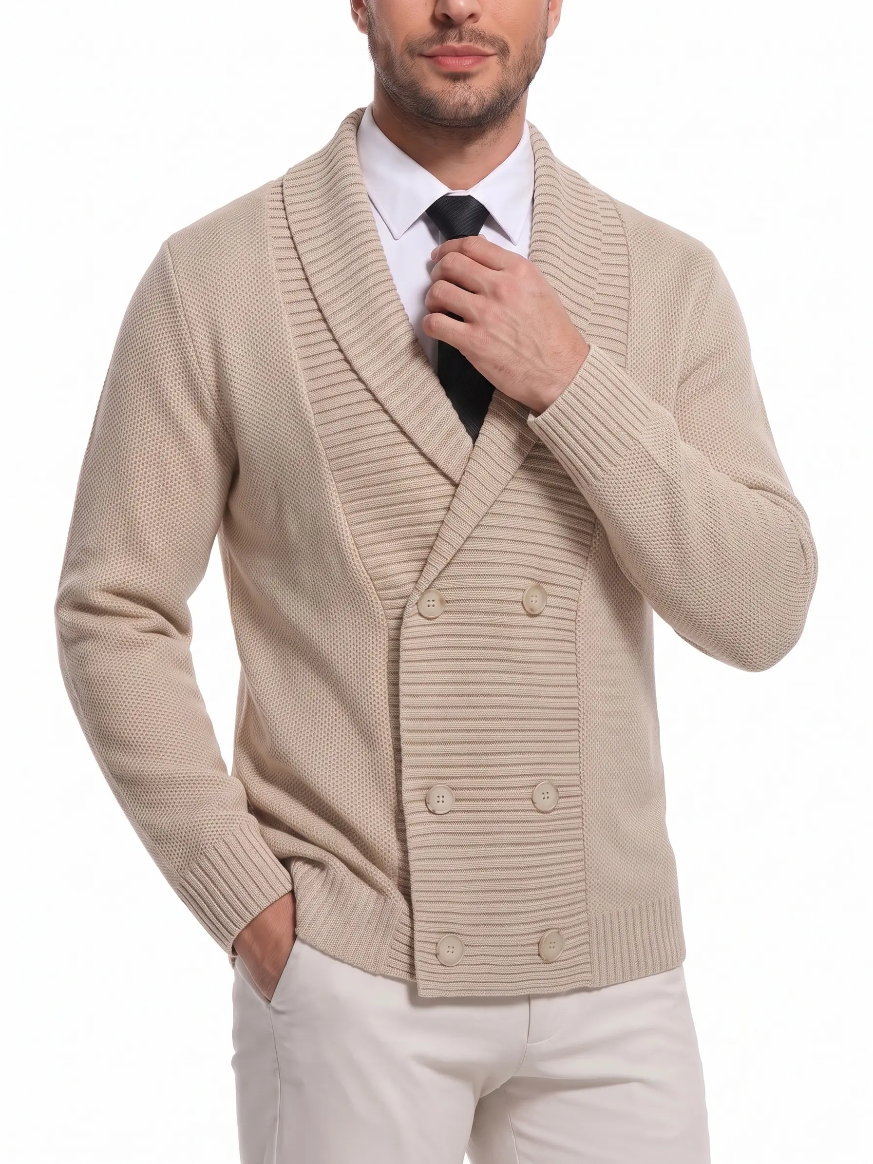 Men’s Stylish Shawl Collar Double-Breasted Button-Front Long-Sleeve Knit Cardigan Sweater Clothes - Menswear Tops for Fall Winter Smart Casual, Vintage College V-Neck Knitwear Classic Knitted