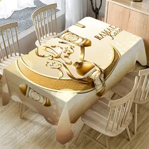1 Pc Ramadan Tablecloth, Ramadan Theme Tablecloth, Rectangle Tablecloth, Eid al-Fitr Golden Lantern Vintage Pattern Washable Table Cover Holiday Kitchen Dining Table Decor For Home Party Decor