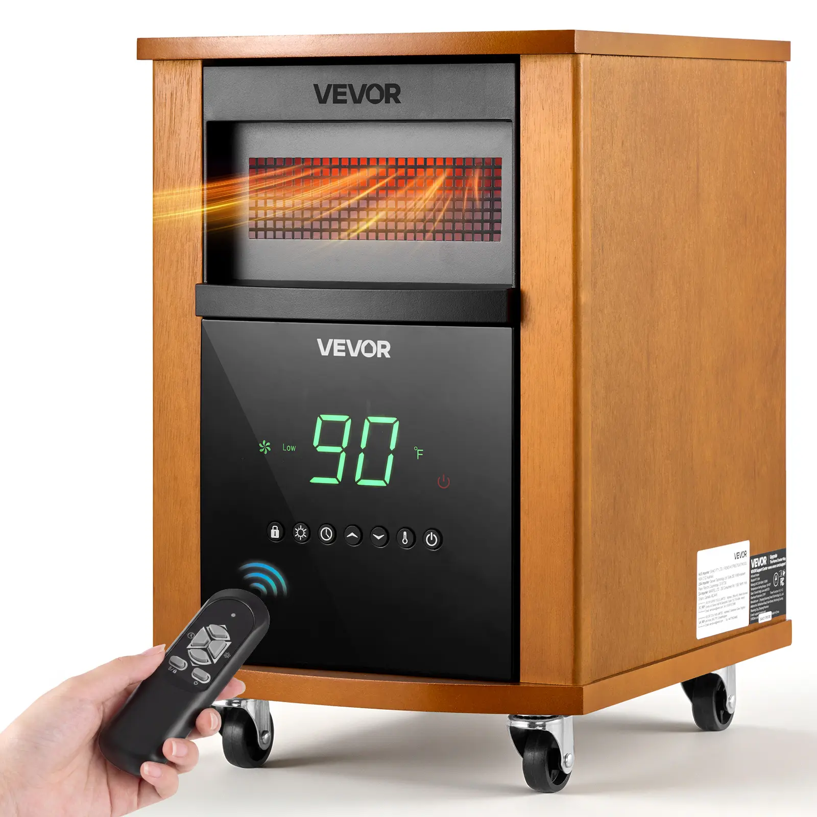 VEVOR 1500W Infrared Electric Space Heater with Remote Control, 3 Heat Settings, 12H Timer, Overheat Shut-Off, Portable Wheels, Premium MDF, Light Wood, for Indoor Bedrooms, Offices (1500W Power, for Indoor Users)