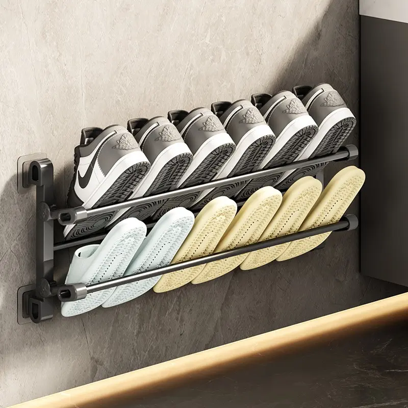 Simple Foldable Wall-Mounted Hanging Hangable Plastic Steel Shoe Rack, Space-Saving Home Storage Organizer, Bathroom Slipper Holder, Door-Top Shoe Shelf