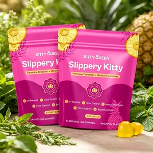 Healthy Women Intimate Probiotic Gummies, Natural Hawaiian Pineapple Taste, Slippery Elm Moisturizing Support, Prebiotics Digestive Care Daily Edible Feminine Wellness Supplement 60 Gummies