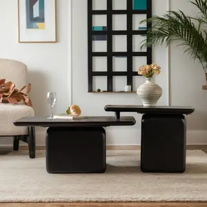 Vintage Fashion Style Square Coffee Table Set of 2 with Wood Grain Finish, Black Living Room Tables for Home Office Dining Room, Modern Nesting Coffee Tables Set, Space-Saving Furniture, Living Room Table for Sofa Side, Bedroom, Office