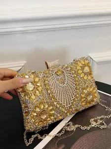 Women's Elegant Rhinestone Decorated Evening Bag, Exquisite Trendy Chain Strap Embellished Clutch Bag, Fashionable Bag for Party Decoration