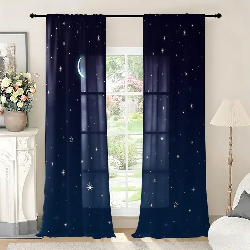 2 Pieces Dark Blue Star Moon Pattern Curtains, Window Curtain, Window Drapes, Home Decorative Curtain, Pocket Rod Installation, Dreamy Starry Sky Design, Ideal for Bedroom, Living Room, Home Decor