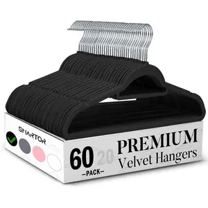 Black Velvet Hangers 60 Pack, Saving Clothes Hangers with Tie Bar, Non-Slip Felt Hanger with Shoulder Notches, Duty Suit Hanger for Coat, Shirt, Pants, Dress