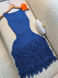 Elegant Knitted Dress, Summer Vacation Style Fringe Skirt, Slimming Bodycon Cardigan Wrap Dress, Pure Color Round Neck Sweater Dress, Casual Wear