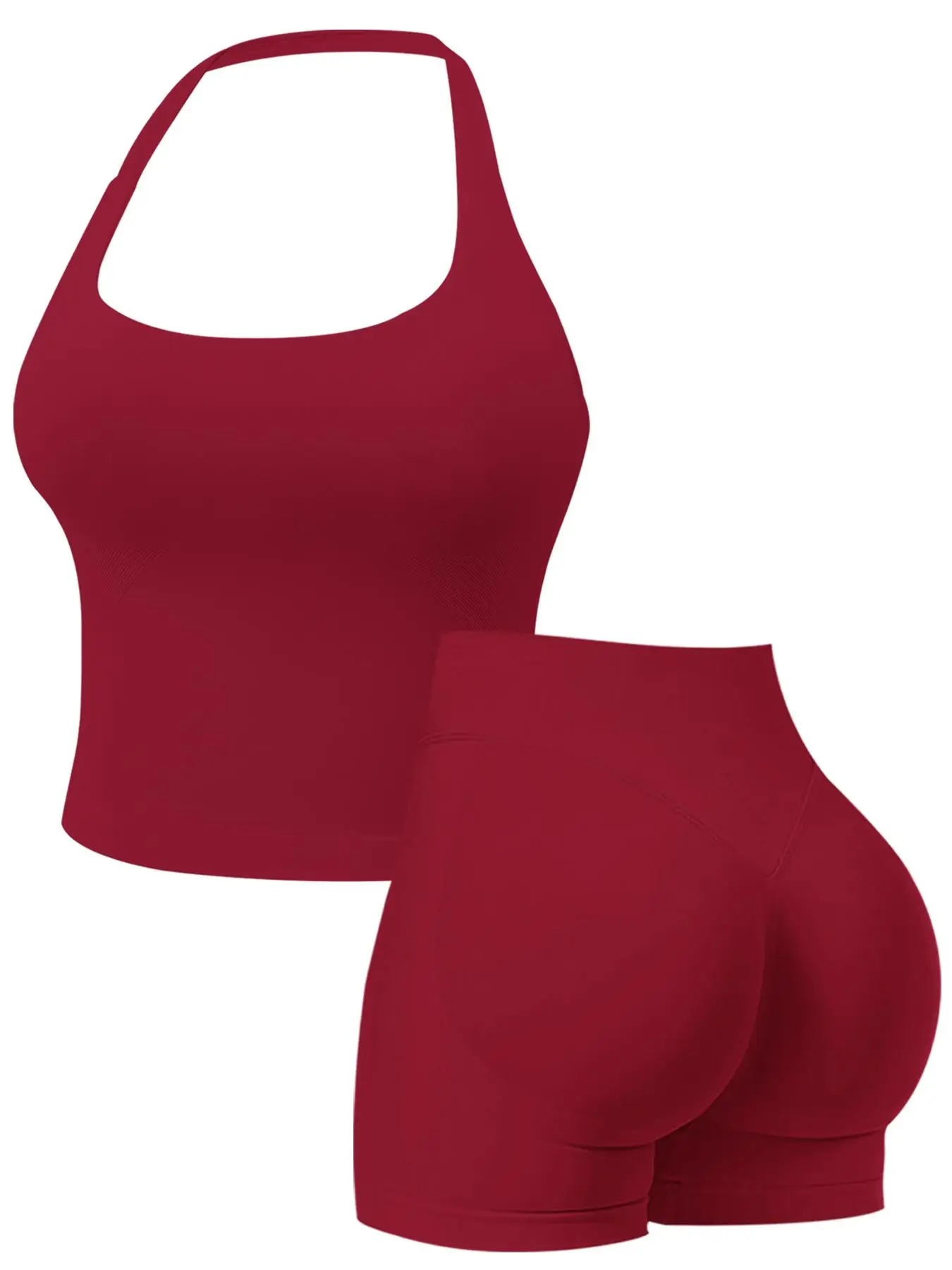 Two-Piece Set Women's Solid Color Halter Top & High Waist Shorts Sports Set, Sporty Breathable Quick Drying Outfits for Yoga Gym Workout Running, Ladi