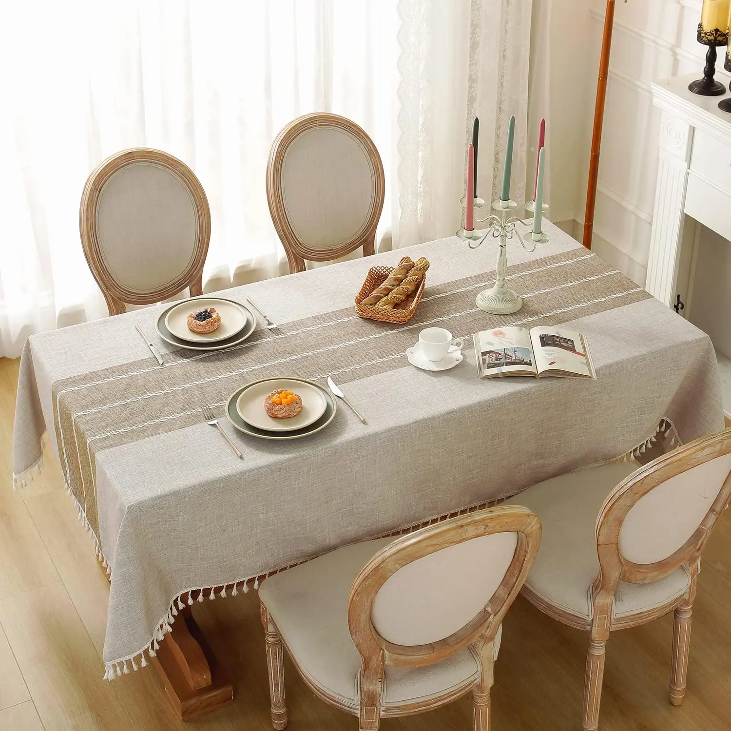 AIMHave Country Style Linen Rectangular Tablecloth with Tassel Trim-Fringe, Weatherproof, Wrinkle Resistant, PVC, All Seasons, Washable, Hand Wash Only, 55x70in, Seats 4-6, Coffee Color, Outdoor Farmhouse Kitchen Use, Garden