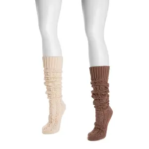 Women's 2-Pair Knit Ribbed Slouch Socks - Acrylic Yarn, Cable Knit, Knee-High with Slouch Cuffs, Cute Minimalist Indoor/Outdoor Casual Wear