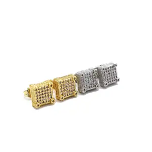 18 Karat Layered Real Gold-Plated Iced-Out Pave Setting Hip Hop 3D Square Ear Studs, High-Quality Stud Earrings Jewelry for Fashion Accessories