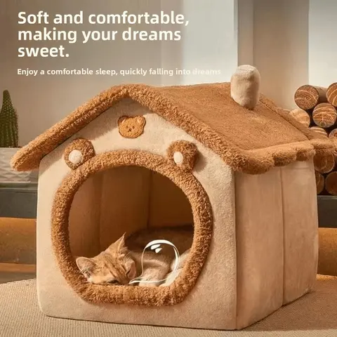 Four-Season Universal Dog Bed, Detachable Washable Small Enclosed Pet House, Warm Winter Cat Nest, Teddy Bear Style Pet Villa, Home, Apartment, Kitten House