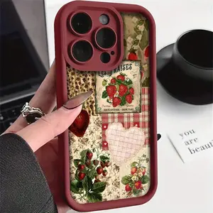 Vintage Strawberry Pattern Phone Case for Iphone 16 Featuring TPU Drop Protection Soft Cover Screen Protector Casing