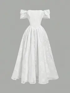 Off-Shoulder Puff Print Dress with Ruffled Hem, Sweet Elegant A-Line Dress for Birthdays & Outdoor Events, Romantic & Chic Style