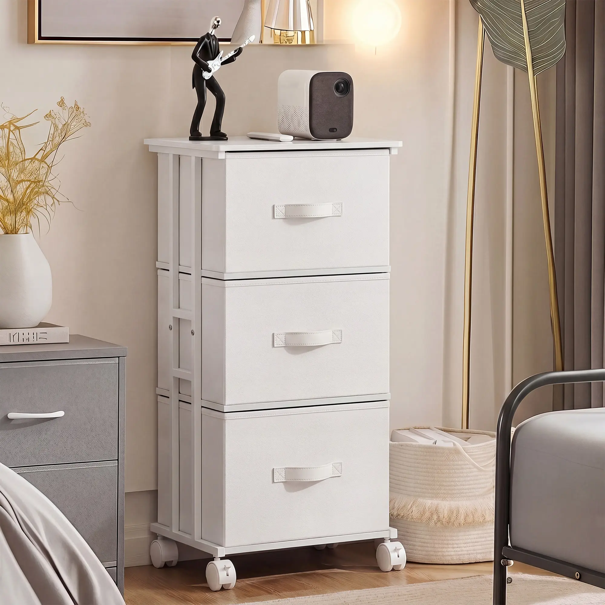 Sweetcrispy 3-Drawer Dresser - Modern Bedroom Furniture Dresser, Cupboard Storage Unit with Removable Fabric Bins, Sturdy Steel Frame, Rolling Wheels for Bedroom, Living Room Home Decor