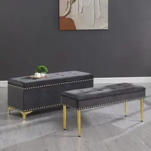 Home Essentials Large Storage Benches Set, Nailhead Trim 2 in 1 Combination Benches, Tufted Velvet Benches with Gold Leg for Living Room, Entryway, Hallway, Bedroom Support 250lbs