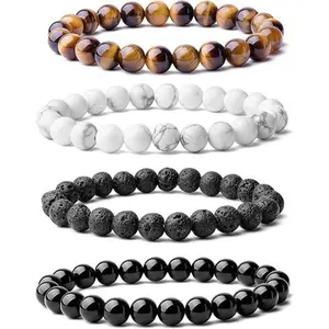 4PCS Natural 8mm Gorgeous Semi-Precious Gemstones Healing Crystal Stretch Beaded Bracelet Unisex (4 Colors)