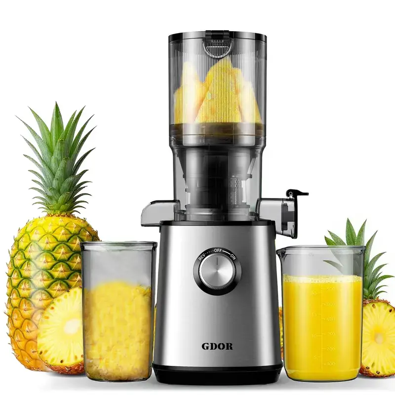 GDOR Slow Cold Pressed Masticating Juicer with 3.5"/4.25"/5.3" Wide Chutes, 250W Quiet Motor, High Juice Yield, Reverse Function, Anti-Drip Spout, 41oz Hopper, Brush-Enabled Easy Clean, BPA-Free for Fruits & Veggies, Blender Smoothie Capability, Slow Cold