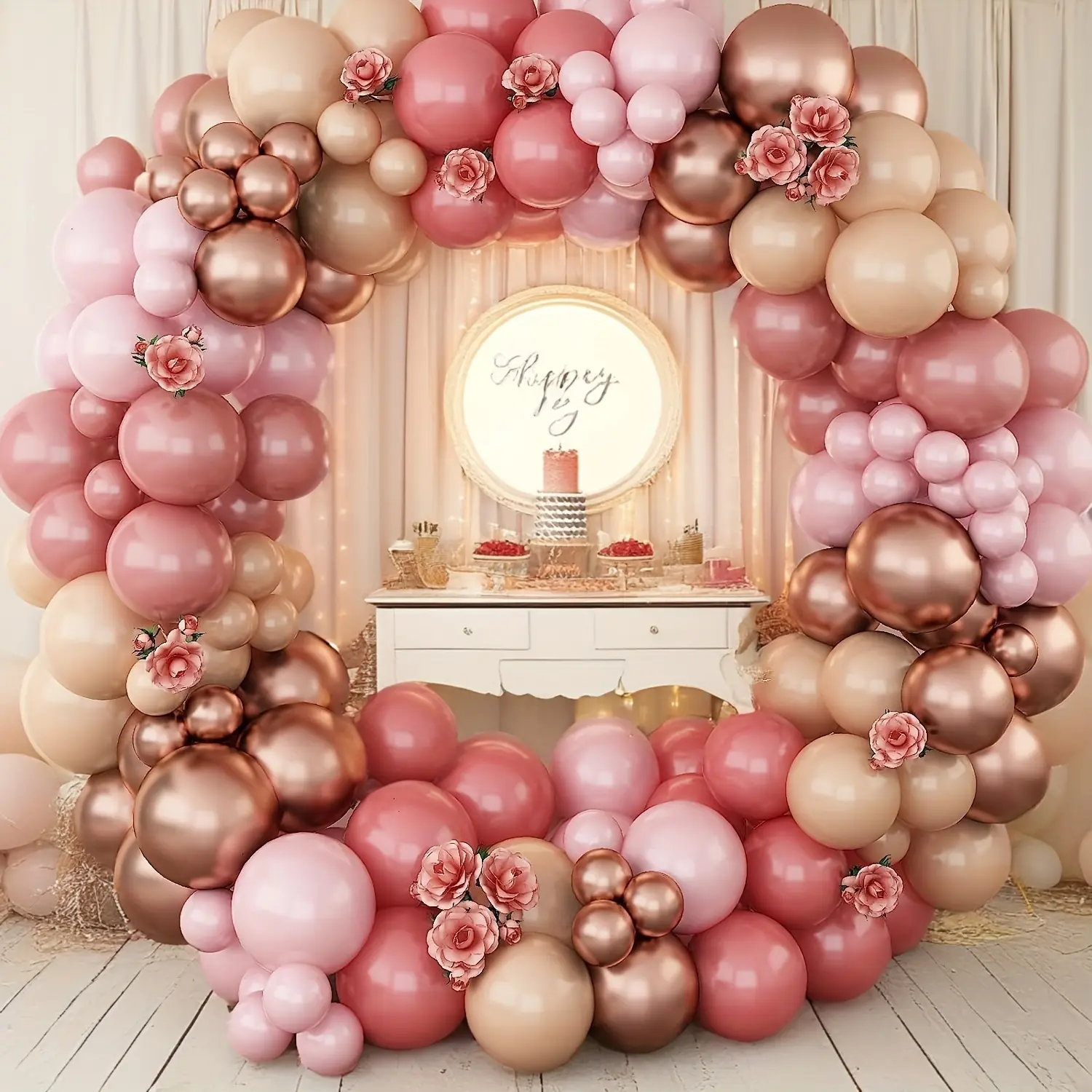 122pcs Retro Pink Beige Rose Golden Balloon Decorations for Girls Shower, Birthday, Wedding Balloons for DIY Photo Prop and Party Scene Arrangement, Party Backdrop | Elegant Balloon Arrangement | Durable Balloon Material, Balloon Decorations for Parties