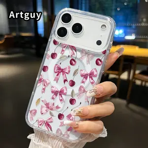 Magnetic Phone Case Supports Wireless Charging for iPhone 17 16  Pro Max Plus 15 14 13 12 11 Air E Bow and cherry charm Pattern Non-Yellowing Shockproof Soft Silicone Transparent Acrylic Large Hole Cover