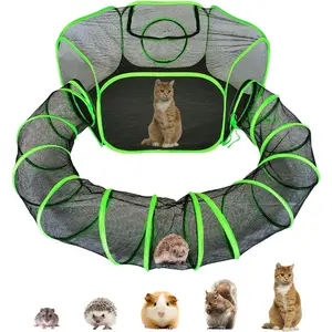 Small Animal Playpen Guinea Pig Hedgehog Rabbit Cage with Fun Surround Tunnel Breathable & Transparent Pop Open Exercise Yard Fence with Top Cover Anti Escape