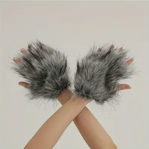Stylish Versatile Faux Fur Wolf Gloves Plush Wolf Gloves Suitable For Halloween Christmas