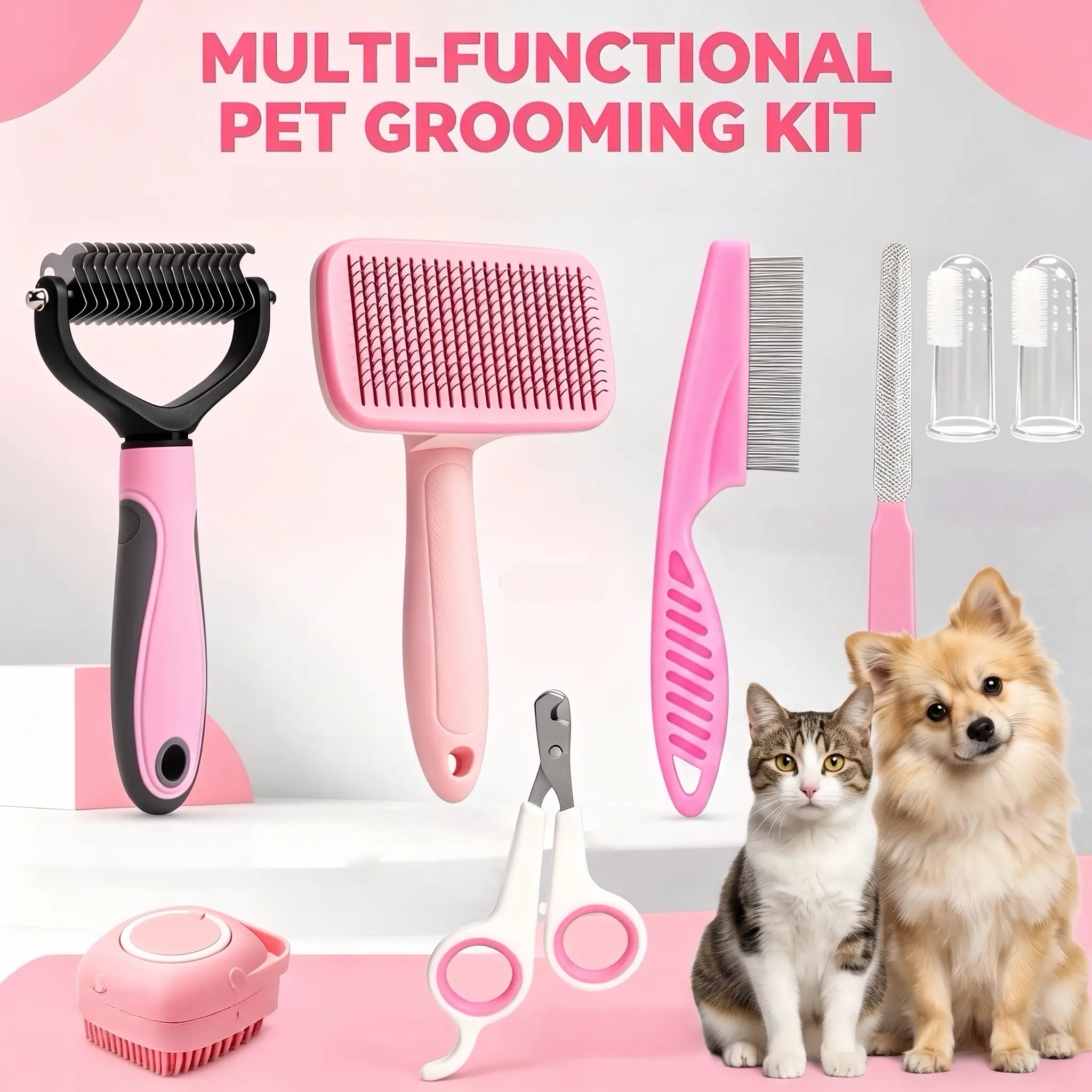 8-in-1  Pet Grooming Kit - Dog & Cat Brush Set with Dematting Comb, Slicker Brush, Nail Clipper & Trimmer - Removes Tangles, Shedding Hair, Dirt & Mats,Your Pet’s Coat Tangle-Free & Shiny, Stress-Free Dog Cat Grooming,Pet Products, Cat Stuff, hair cleaner