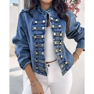 Women's fashionable stand up collar short denim jacket with double breasted front design, classic washed blue casual denim jacket, suitable for spring and autumn seasons and various occasionsRAIMENTRY