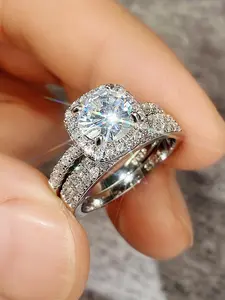 Women's Elegant Rhinestone Bridal Rings, Set of 2, Rhinestone Decorated Ring, Exquisite Trendy Fashion Jewelry, Great Gift for Women