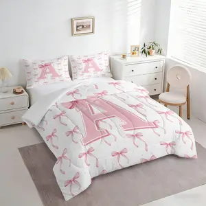 2/3PCS Pink Bow Monogram A-Z Comforter Set for Girls Kids , Coquette Aesthetic Quilt Bedding Set with Pillowcases, Perfect Gift for Girls Princess Bedroom Apartment Decor,Birthday Choice, Soft Bedding