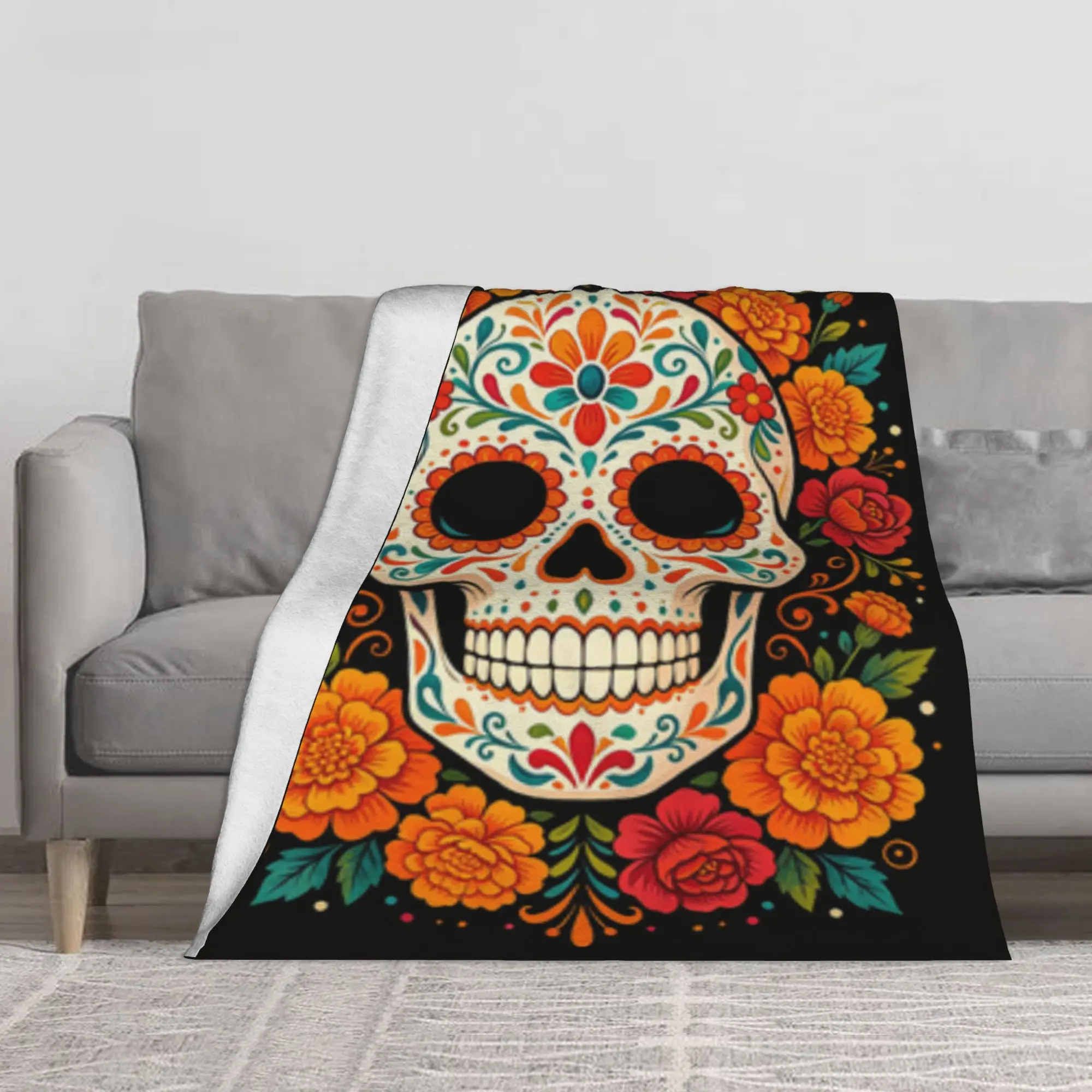 Mexican Day of the Dead Sugar Skull Marigold Floral Flannel Throw Blanket, Large Soft Lightweight Warm Decor Blanket, Multi-Purpose Sofa Cover, Wall & Front Door Hanging Tapestry, Vibrant Folk Gothic Holiday Aesthetic Gift for Family and Friends