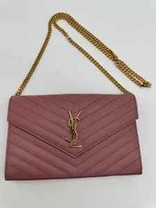 Pre-owned Yves Saint Laurent Textured Leather Crossbody Bags YSL Pink Chevron Pattern Cassandre Envelope Flap Bag with Gold Toned Crossbody Chain Strap