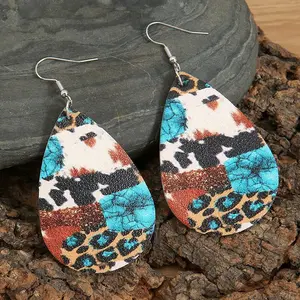 New drop-shaped retro cow leopard leather earrings western turquoise pattern earrings